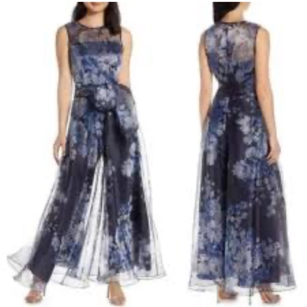 Eliza J Navy Floral Organza Wide Leg Jumpsuit 4 NWT